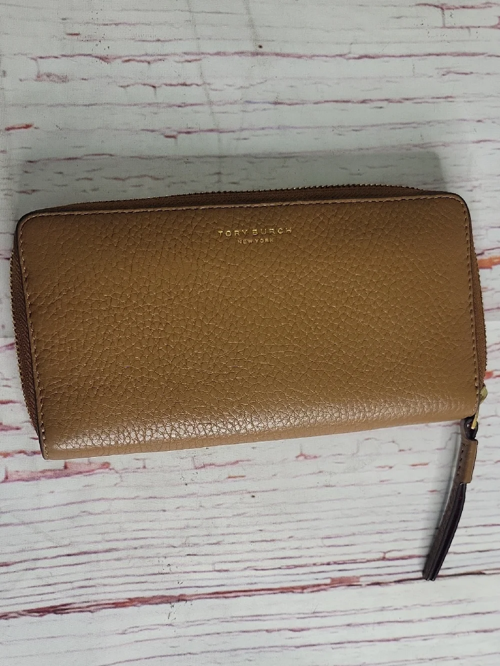 Tory Burch Pebble Grained Tan Leather Zip AROUND Wallet